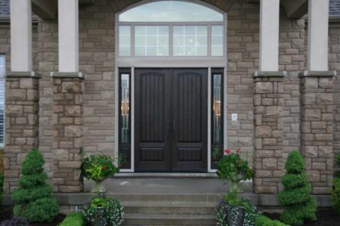 Black fibreglass double entry door with sidelights and transom A black, fiberglass double door with sidelites and